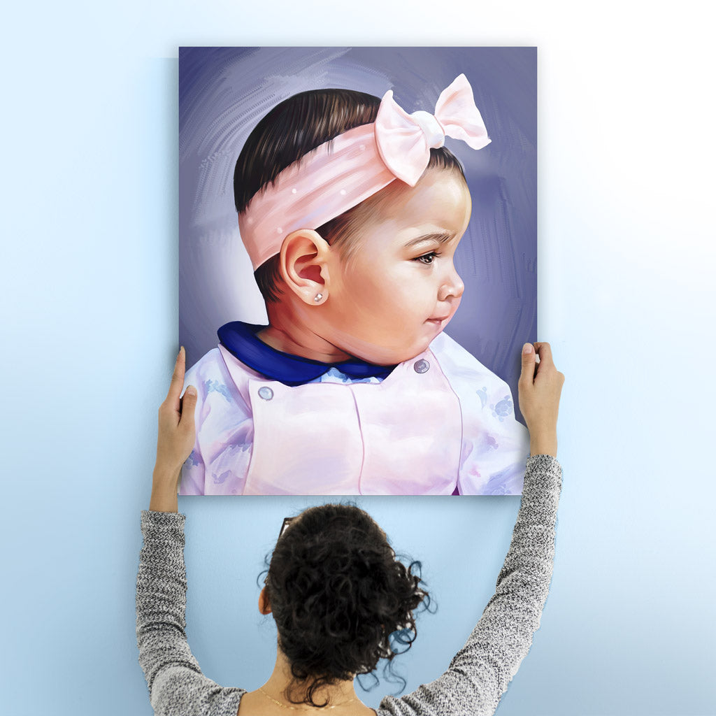 Retrato de una niña personalizado en un lienzo con fondo azul