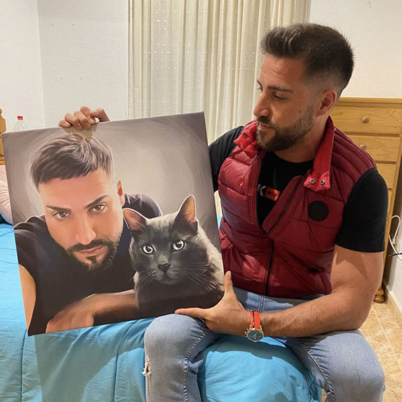 un chico sujetando un retrato de él mismo con su gato negro