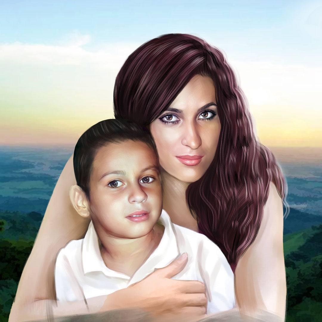 Bonito recuerdo de un retrato mamá que falleció hace tiempo y su hijo